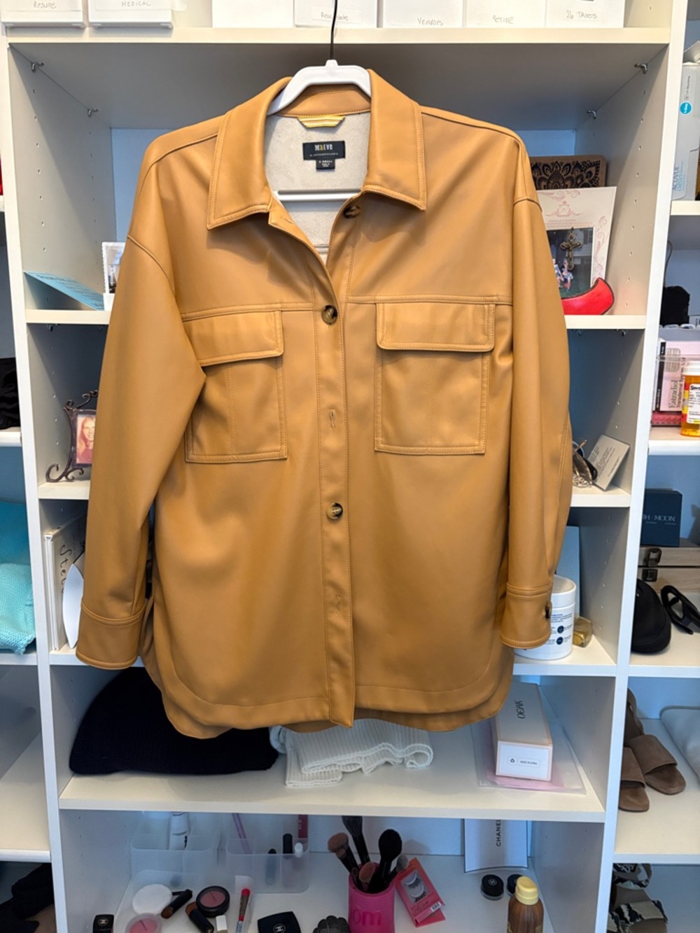 Maeve Faux Leather Shacket in Camel